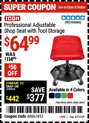 Professional Adjustable Shop Seat with Tool Storage, Red