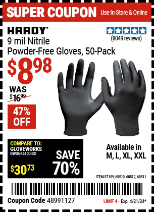 9 mil Nitrile Powder-Free Gloves, 50-Pack