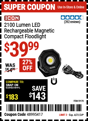 2100 Lumen LED Rechargeable Magnetic Compact Floodlight, Black