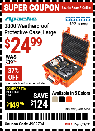 3800 Weatherproof Protective Case, Large, Orange