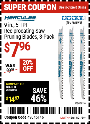 9 in.  5 TPI Reciprocating Saw Pruning Blades, 3 Pack