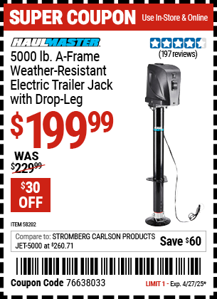 5000 lb. A-Frame Weather Resistant Electric Trailer Jack with Drop Leg