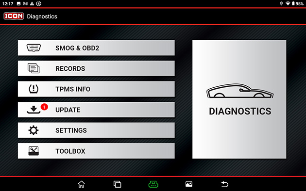 Main Home Screen featuring Diagnostics, Previous Records, Updates and Settings Buttons.