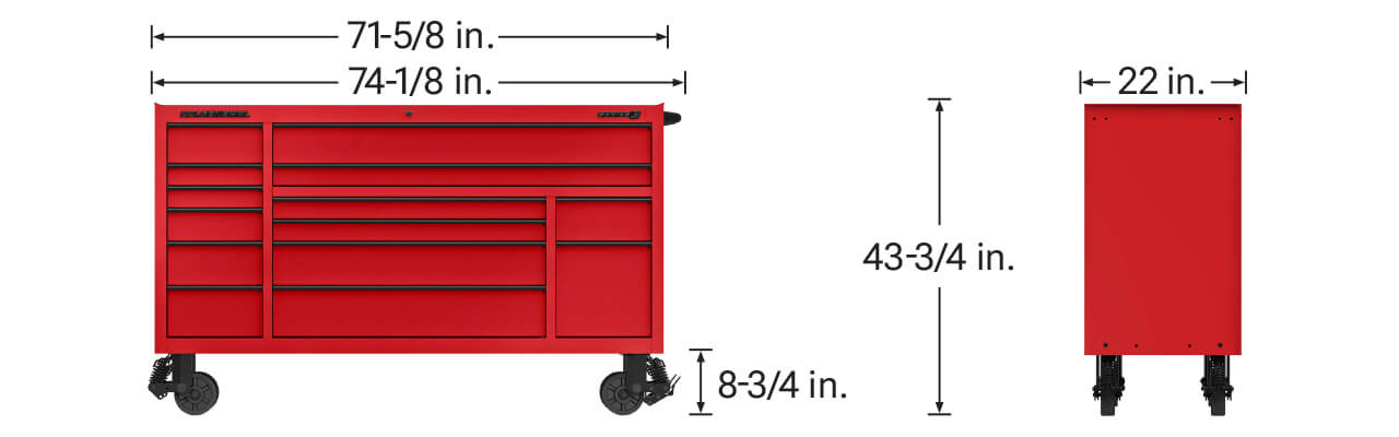 72 in. Roll Cab Front View, measuring 71-5/8 in. long excluding handle, 74-1/8 in. long including handle, 8-3/4 in. from bottom of cab to bottom of wheel, and 72 in. Roll Cab Side View, measuring 22 in. wide and 43-3/4 in. high