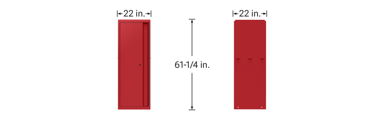 22 in. End Locker Front View, measuring 22 in. wide x 61-1/4 in. tall. 22 in. End Locker Side View, measuring 22 in. wide and 61-1/4 in. tall
