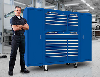 Man with large tool storage cabinet