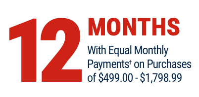 12 Months with Equal Monthly Payments on Purchases of $499.00 - $1,798.99